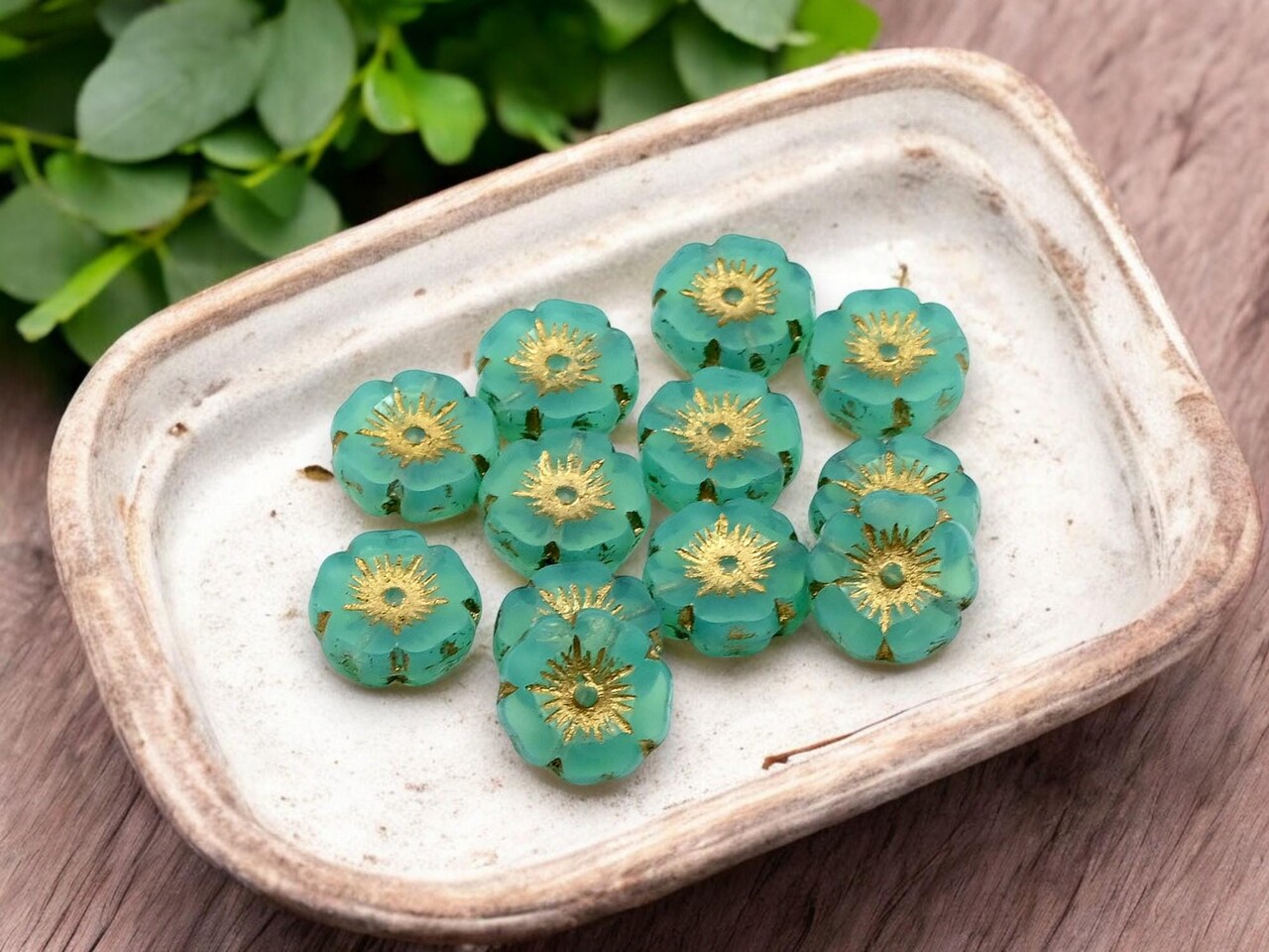 *12* 12mm Gold Washed Green Aqua Opaline Hawaiian Flower Beads